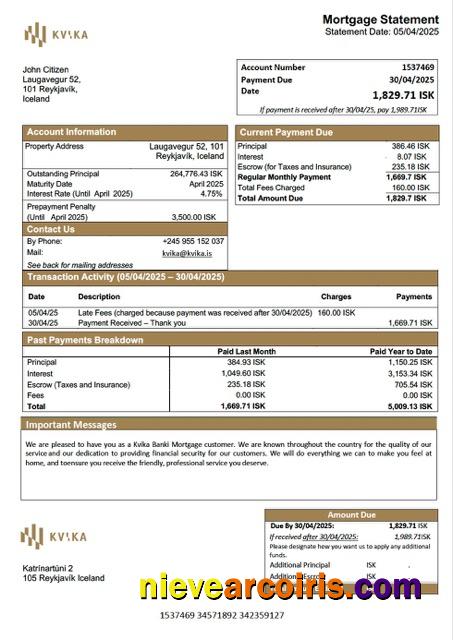 Iceland Kvika Banki mortgage statement Word and PDF template